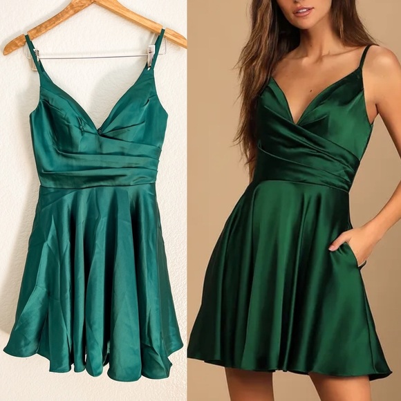 Remarkable Romance Emerald Green Satin Skater Dress with Pockets - Picture 1 of 8